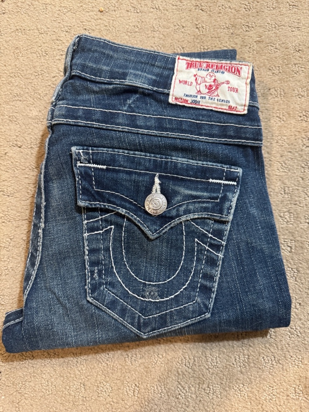 True Religion Women’s “Jodie” Dark Blue Denim Jeans - Signature Pocket Stitching